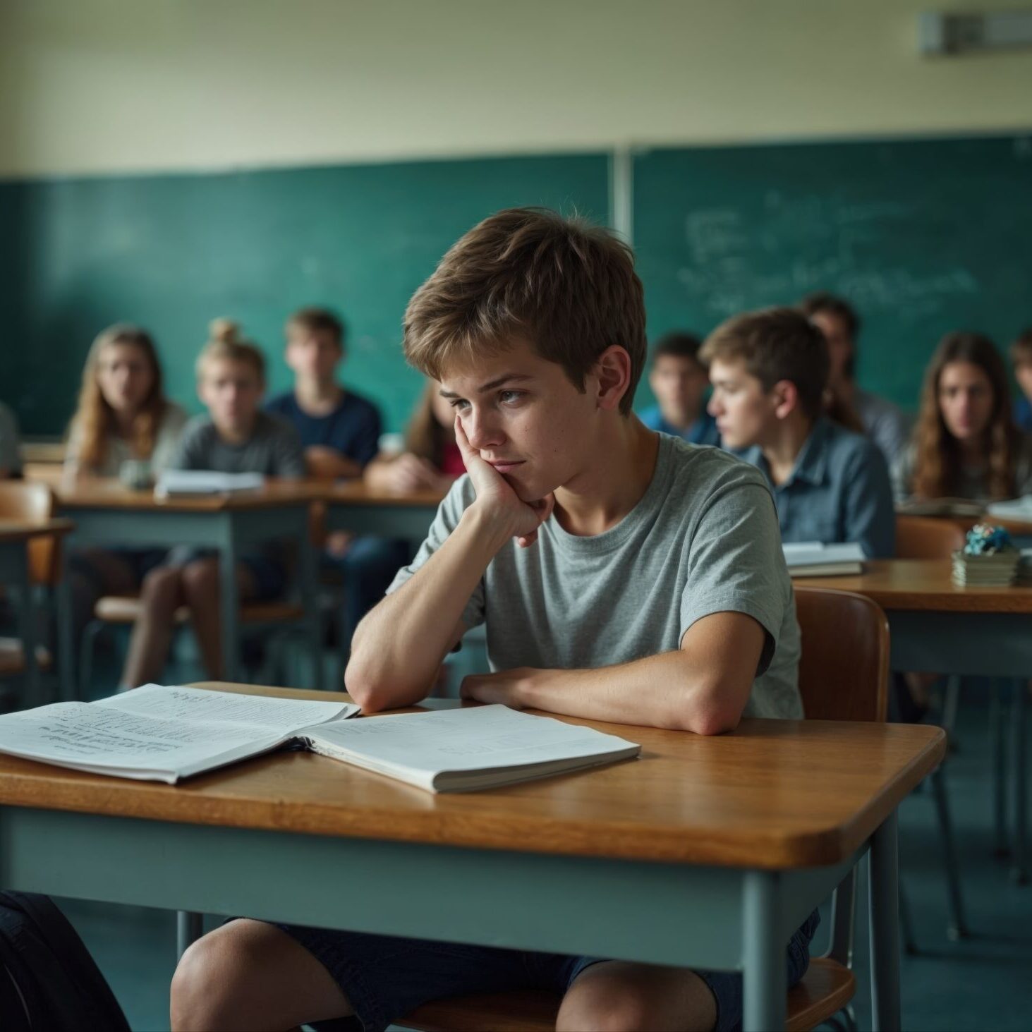Teen boy feeling overwhelmed and isolated while studying in a crowded classroom